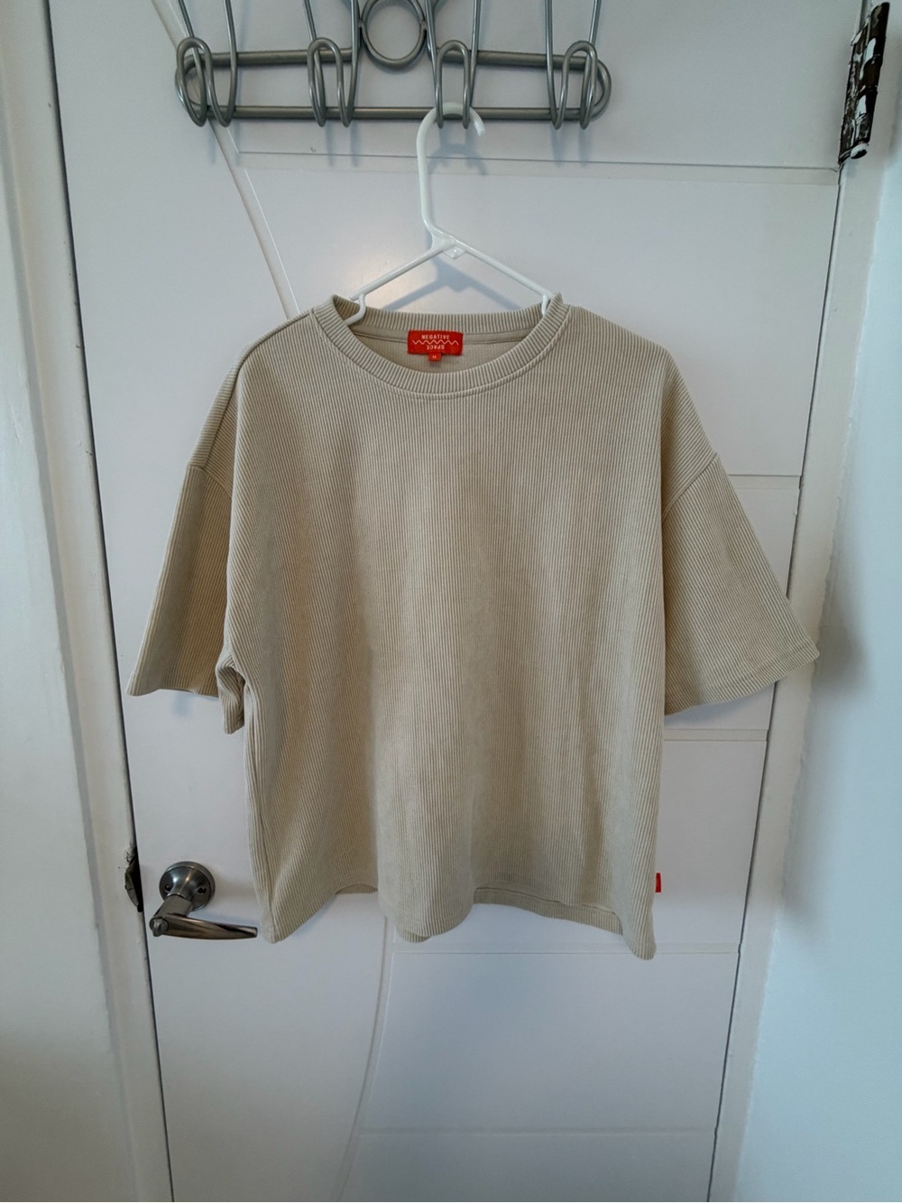 Negative Space Ribbed Knit Oversized T Shirt Mens Medium Tan Crewneck Athleisure